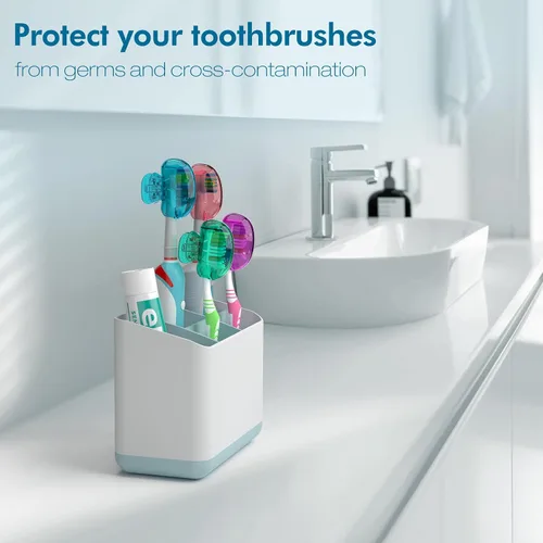 Vista 6 de Nincha Paquete de 4 fundas multicolor para cabezales de cepillo de dientes, protector universal con clip para cepillos manuales y eléctricos, morado