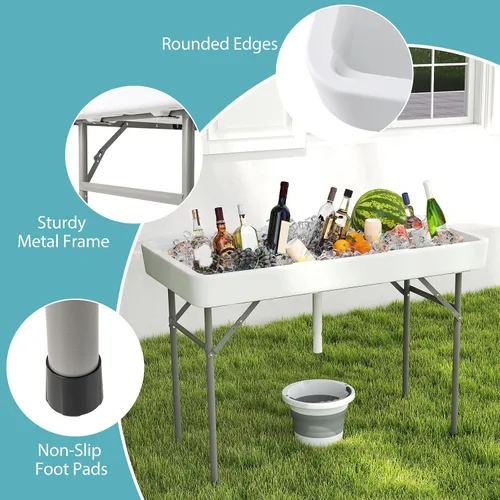 Vista 9 de Giantex Mesa enfriadora de hielo plegable, mesa de barra fría para exteriores de 46 pulgadas con drenaje, cubo plegable y falda extraíble a juego