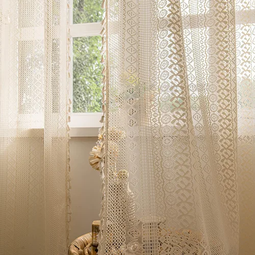 Vista 2 de Sutuo Home 2 paneles de cortinas bohemias de 63 pulgadas de largo para dormitorio, tratamientos de ventana bohemias de encaje de ganchillo Geometría