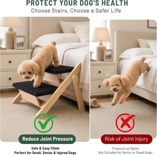 Vista 5 de Escaleras para perros, rampa para cama, escaleras y rampa plegables de madera 2 en 1 para mascotas, escalón portátil para perros de hasta 180 libras