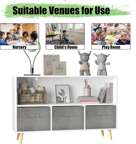 Vista 6 de Estantería para niños, organizador de almacenamiento de juguetes, estantería para niños con 3 cajones de tela plegables y patas de madera