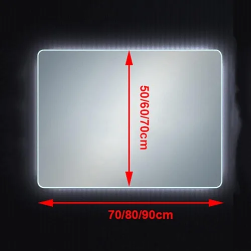 Vista 4 de Espejo de maquillaje rectangular sin marco, espejo de baño LED de tacto inteligente, luz cálida, espejo de pared horizontal/vertical, pantalla
