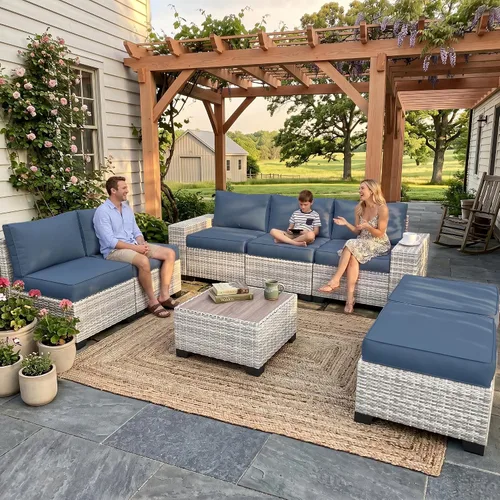 Vista 30 de Muebles de patio al aire libre conjunto PE mimbre ratán al aire libre sofá seccional Gris