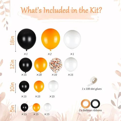 Vista 2 de Kit de arco de globos de color negro, blanco y naranja, guirnalda de globos de confeti de 18, 12, 10, 5 pulgadas, para Halloween, cumpleaños