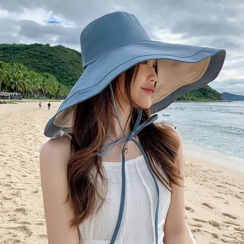 Vista 5 de Sombrero de sol de ala súper ancha para mujer, de algodón, plegable, reversible, con borde con cable, protección UV, verano, playa, viajes, jardín