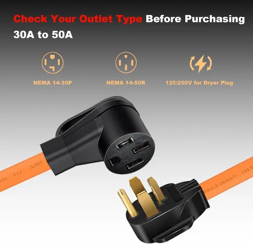 Vista 2 de NEMA 14-30P a 14-50R Cable adaptador de cargador EV de 4 clavijas de 30 amperios a adaptador de conversión EV de 50 amperios solo compatible