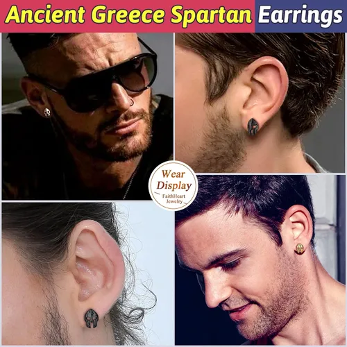 Vista 6 de FaithHeart Spartan - Aretes de casco para hombres y mujeres, acero inoxidable, chapado en oro de 18 quilates, joyería de Grecia con delicado