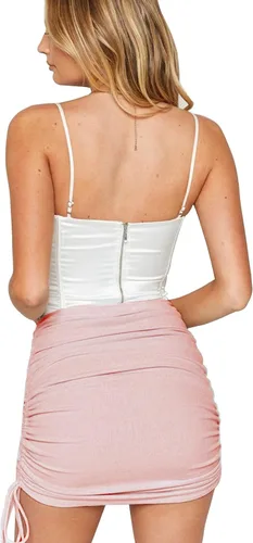 Vista 3 de LYANER Falda corta acanalada con cordón lateral fruncido y elástica para mujer Rosado