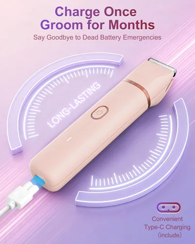 Vista 5 de Recortadora de bikini para mujer, recargable, con cuchillas de cerámica a presión, cabeza lavable IP7X, color rosa pastel