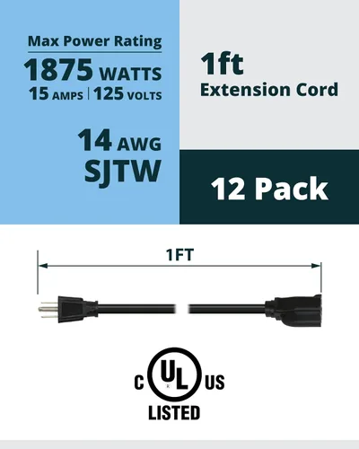 Vista 3 de Lightkiwi Cable de extensión de alimentación de 1 pie, paquete de 12, cable de extensión corto SJTW de 14 AWG, 15 A, 125 V, 1875 W, cable
