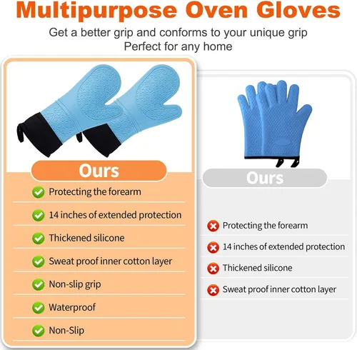 Vista 4 de Guantes de horno de silicona resistentes al calor, impermeables, mango flexible, lavable para comida caliente, color azul, extra largo