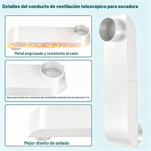Vista 4 de Periscope - Ventilación telescópica para secadora de 9.5 a 14.5 pulgadas, de acero inoxidable, ajustable, kit de conector de perfil bajo para Blanco