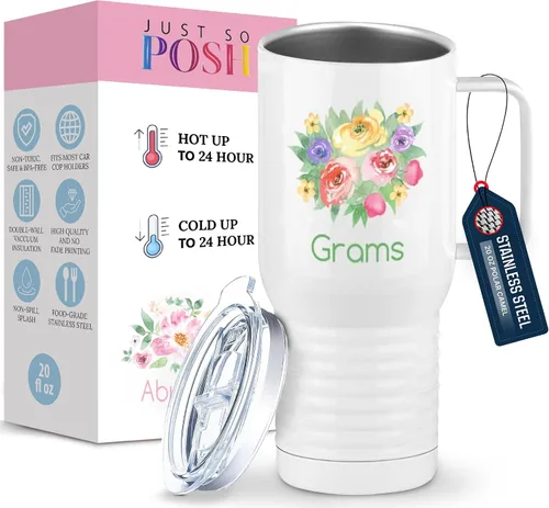 Vista 14 de Just So Posh Abuela Flowers Tumbler, Vaso de Café de Viaje con Asa y Tapa Deslizante, Blanco 20 oz Polar Camel, Acero Inoxidable, Aislado al Vacío