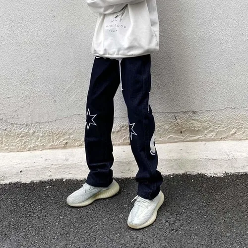 Vista 6 de Harajuku - Jeans para hombre con letras estampadas, rectos, holgados, para otoño e invierno, jeans engrosados, jeans góticos