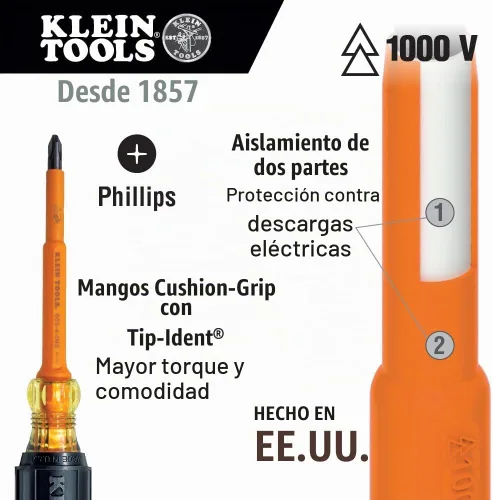 Vista 2 de Klein Tools 6334INS Destornillador aislado, fabricado en Estados Unidos, punta Phillips #1 con vástago de 4 pulgadas