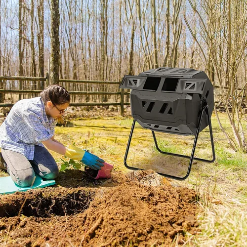 Vista 8 de S AFSTAR Contenedor de compostaje para exteriores de 43 galones, vaso de abono de doble cámara con 2 puertas correderas y guantes incluidos