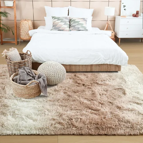 Vista 3 de Noahas Alfombras de Área Grandes y Esponjosas de 5x8 pies para Sala de Estar y Dormitorio, Alfombra Gruesa de Pelo Largo Beige y Blanca, Alfombra