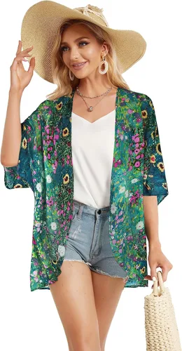 Vista 4 de Cárdigan tipo kimono para mujer, de manga abombada con estampado floral, casual