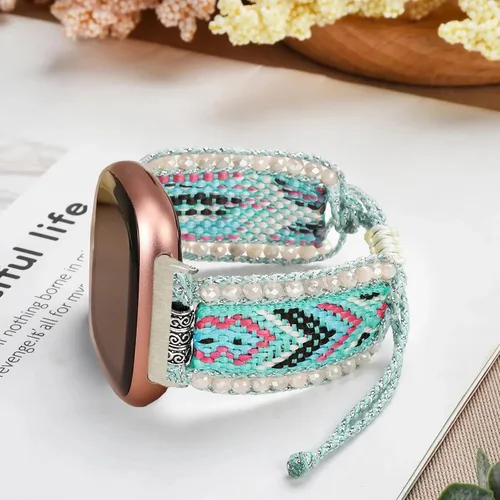 Vista 2 de Correa de nailon trenzada estilo bohemio retro compatible con Fitbit Versa 3/Versa 4/Sense 2/Fitbit Sense Bandas para mujeres y hombres, correa