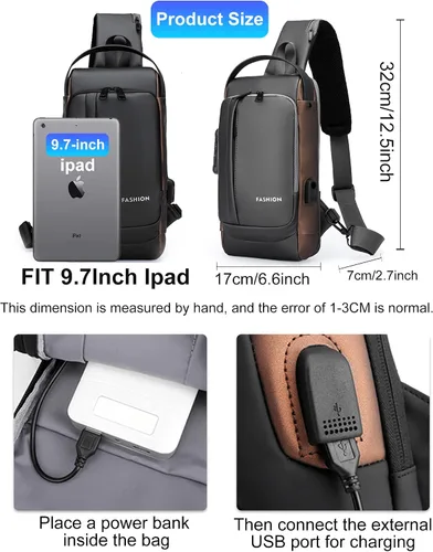 Vista 6 de Geanbun Mochila cruzada USB antirrobo impermeable para el pecho, D-azul y marrón, Moda