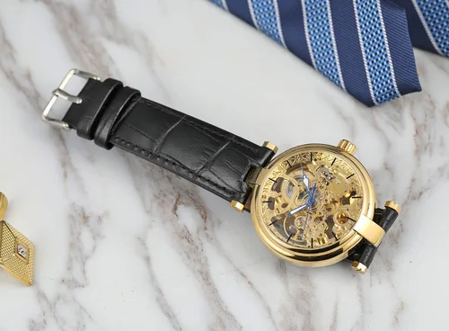 Vista 3 de Reloj automático para hombre, estilo Steampunk, de bronce, esqueleto de cuero, reloj de pulsera de cuerda automática CH8160G, CH8160G, moda, casual