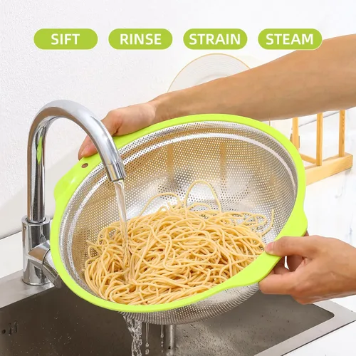 Vista 2 de Colador de acero inoxidable microporoso, colador de arroz de 2QT con tazón para mezclar, juego de tazón para lavar arroz con asa, coladores