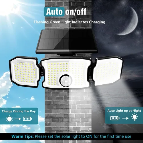 Vista 4 de Luces solares impermeables para exteriores, 2800 lm, 200 luces LED con sensor de movimiento, 3 cabezales y 3 modos de luces de inundación, luces