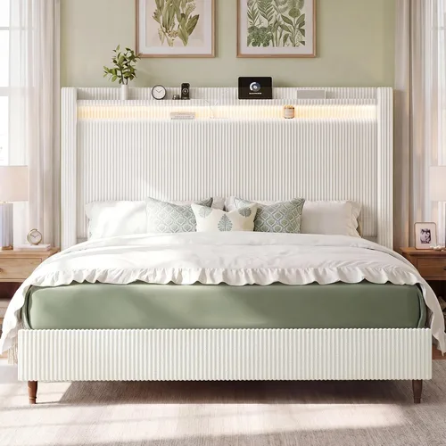 Vista 10 de Base de cama tamaño Queen con cabecera de 55.3 pulgadas de alto, tapizada