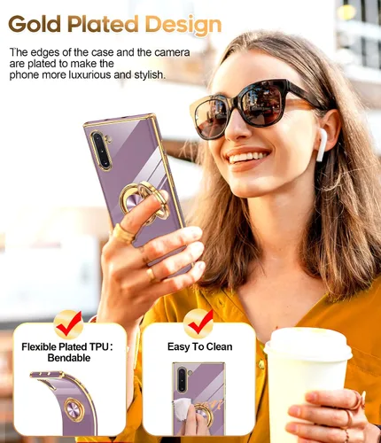 Vista 6 de LeYi Funda para Galaxy Note 10: Soporte de anillo giratorio de 360°, soporte magnético, funda protectora con borde de oro rosa chapado