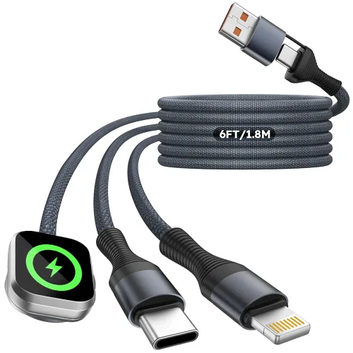 Vista 19 de Travel Essentials - Cable de carga múltiple 4 en 1 para cargador de reloj de iPhone, USB A a doble tipo C/IP/iWatch, cargadores de viaje