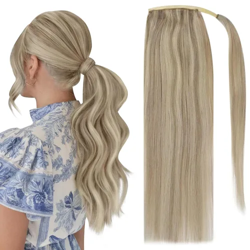 Vista 12 de Extensiones de cabello Full Shine con clip para cola de caballo, cabello humano, tonos medios marrones y rubio miel, envoltura alrededor de la cola