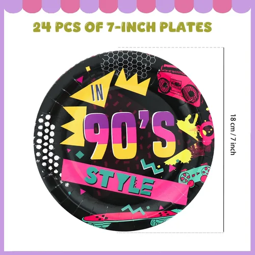 Vista 4 de Juego de 96 piezas de vajilla de decoración de fiesta de los años 90 para adultos y adolescentes, incluye platos, servilletas, tenedores