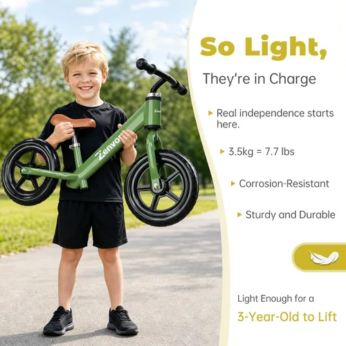 Vista 3 de Toddler Balance Bike Age 2-5, 12 Inches, Tool-Free Adjustable Verde oliva