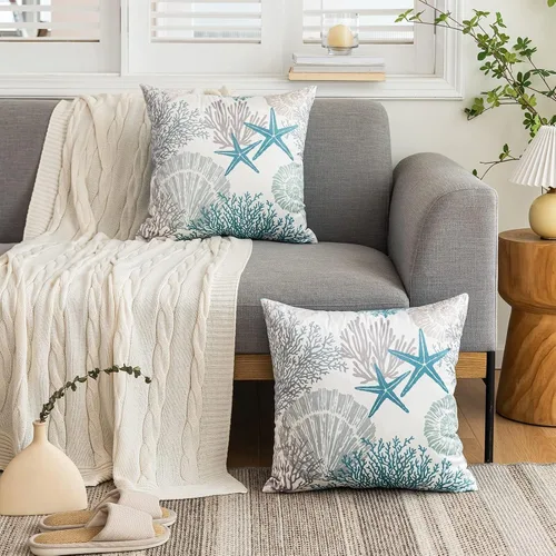 Vista 4 de Tritard Juego de 2 fundas de almohada náuticas costeras de 16 x 16 pulgadas, fundas decorativas de terciopelo con temática de playa, conchas