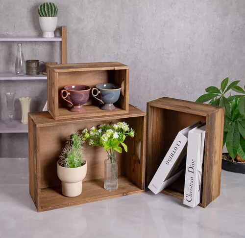 Vista 3 de TIMRIS Juego de 3 cajas de madera rústica envejecida anidables, cajas de almacenamiento de madera decorativas de estilo granja, cestas de madera