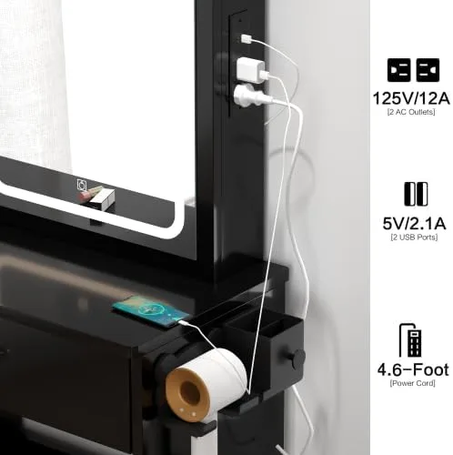 Vista 5 de Escritorio de maquillaje con espejo abatible y taburete, moderno juego de mesa de maquillaje, 2 potencias de CA y 2 puertos USB, juego de tocador