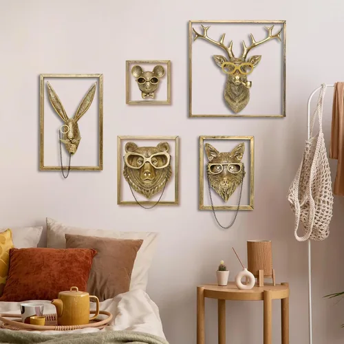 Vista 8 de Newinhome Paquete de 5 cabezas de animales para decoración de pared (marco de metal de regalo), esculturas de animales de resina, decoración