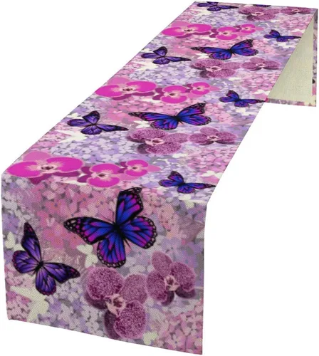 Vista 22 de Camino de mesa de mariposa, acuarela púrpura con mariposas de ensueño, camino de mesa para el hogar, interior, exterior, cocina, fiesta, decoración