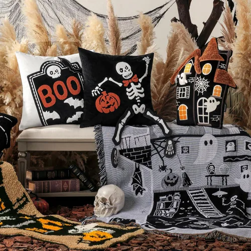 Vista 5 de Phantoscope Fundas de almohada decorativas de pana a rayas, fundas de almohada decorativas de Halloween con bordado hecho a mano, de esqueleto