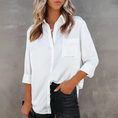 Vista 2 de Blusas para mujer, a la moda de otoño 2022, camisas de manga larga con cuello abotonado, camisetas lisas y elegantes, estilo casual