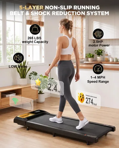 Vista 4 de Walking Treadmill Pad with 0–5-8% Incline, 2.5HP Compact Treadmill，Perfect for Running, Walking & Under-Desk Use，Quiet Operation for Home or Office