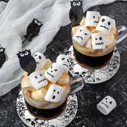Vista 7 de Whaline 6 posavasos de cerámica de Halloween con soporte de hierro, diseño floral de calavera, tapete absorbente para taza, taza, hogar, cocina