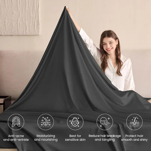 Vista 3 de THXSILK 1 sábana encimera de seda, 100% 6A+, seda de morera pura, ultra suave, duradera, refrescante, transpirable (individual, negro)