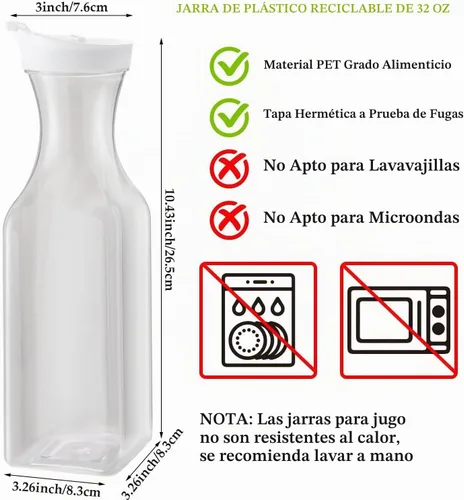 Vista 2 de 3 piezas Jarra de agua de plástico de 32 oz con tapa abatible, contenedores de jugo de base cuadrada, jarra de suministros para bar de mimosa