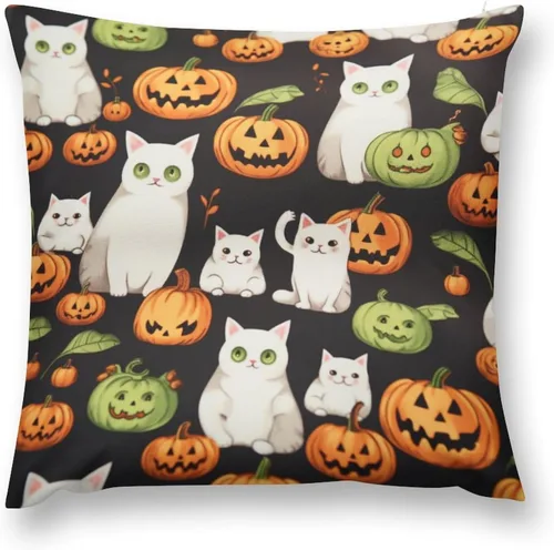 Vista 2 de Fundas de almohada frescas de 12 x 12 pulgadas, fundas de almohada de gatos y calabazas, decoración de habitación, funda de cojín de feliz Halloween