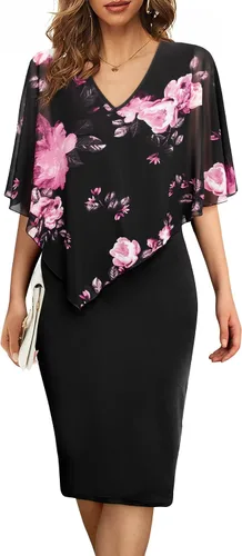Vista 3 de Bodhi talk - Vestido ajustado hasta la rodilla con cuello en V y manga tipo capa para mujer