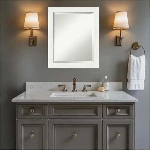 Vista 8 de Amanti Art Espejo de tocador de baño de 24 x 20 pulgadas, marco estrecho blanco tocador, espejo de pared rectangular, borde biselado, se cuelga