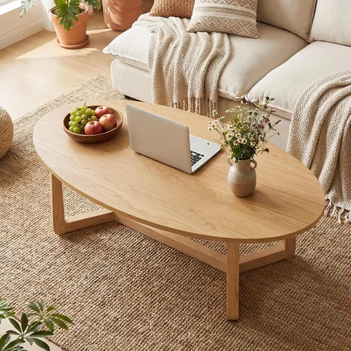 Vista 3 de GIANTEX Mesa auxiliar ovalada, mesa central de madera de 46 pulgadas para Natural