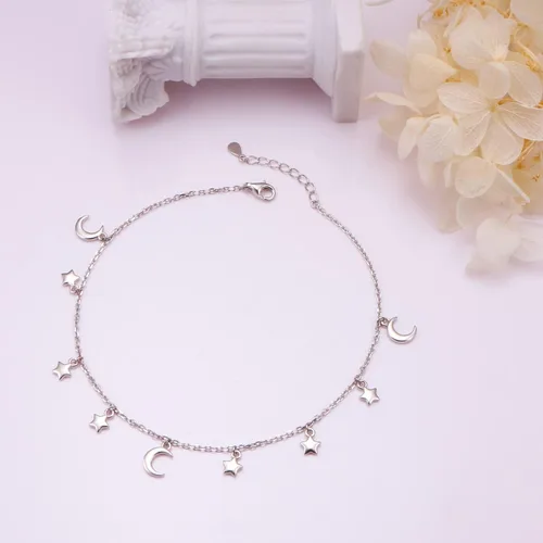 Vista 3 de Tobillera de plata de ley para mujer, delicada cuenta, corazón, infinito, estrella, letra inicial, bohemio, ajustable, tobillera para el pie