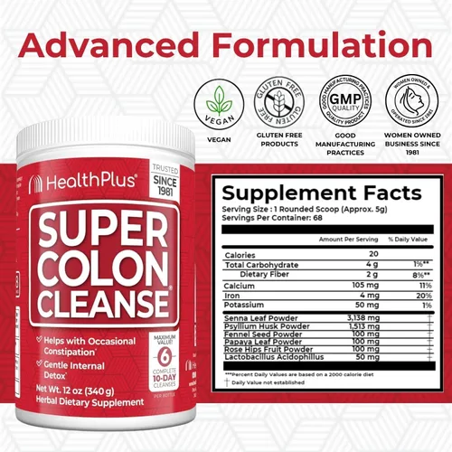 Vista 5 de Health Plus Super Colon Cleanse, polvo de 12 onzas, 68 porciones, desintoxicación natural, alivio del estreñimiento digestivo, limpieza intestinal